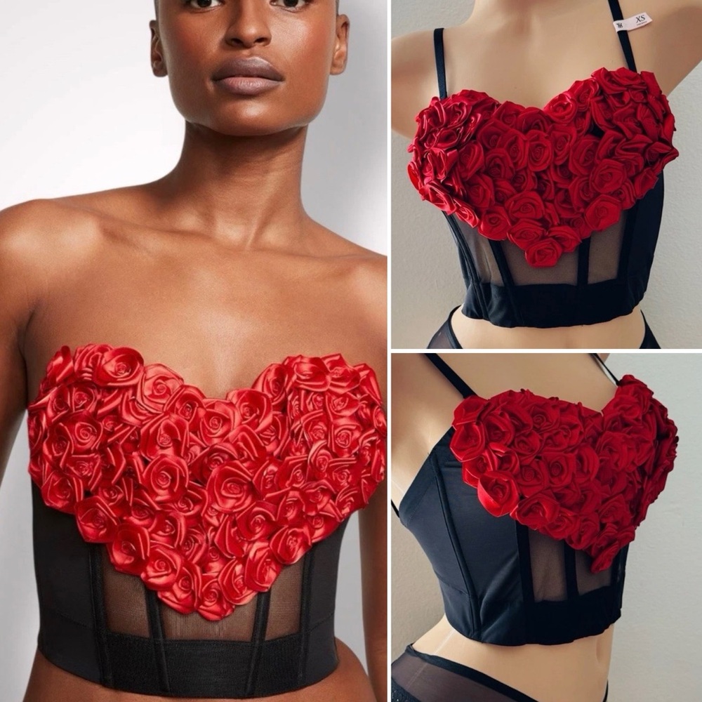 Victoria’s Secret Archives Rosette Corset Top Buster Black Red Roses